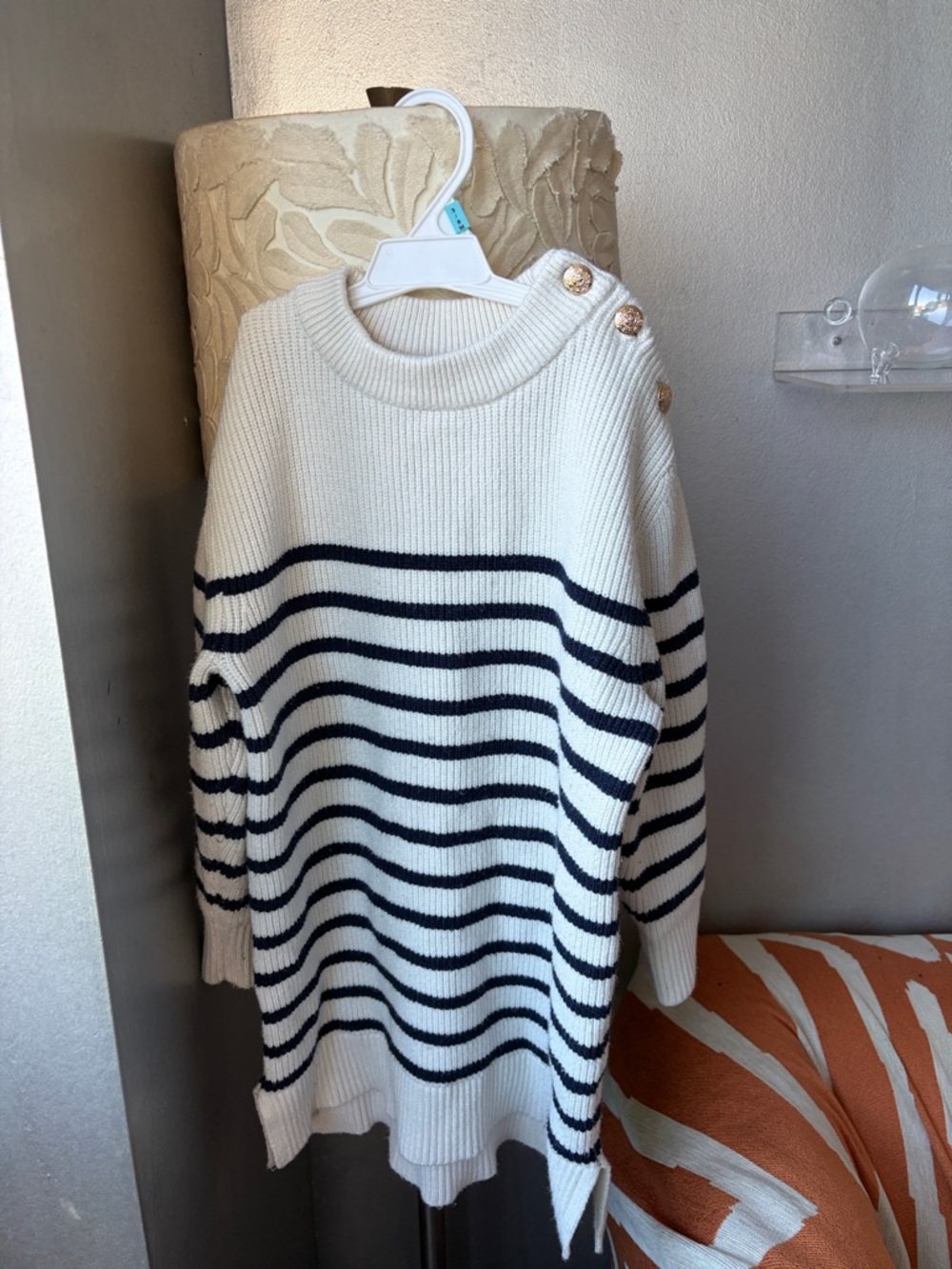 Zara Cream Crewneck Sweater dress with blue stripes
